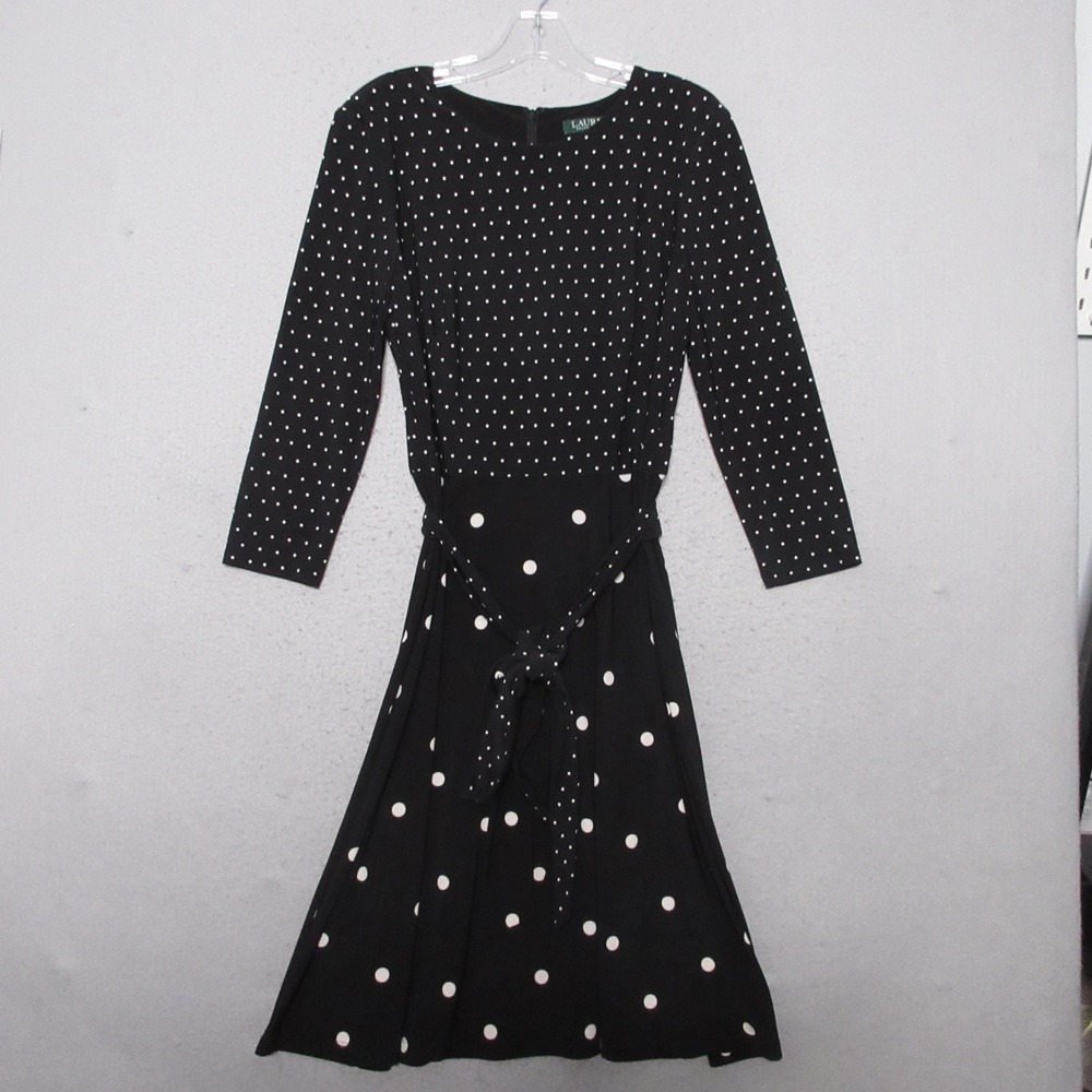 Lauren Ralph Lauren Dress 10 Black Polka Dot A Line Fit Flare Belted‎ Timeless